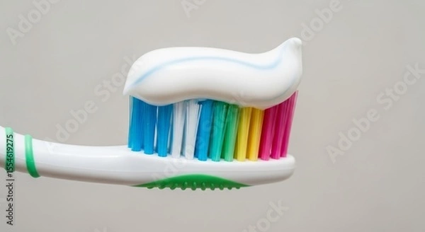 Obraz Colorful Rainbow Toothbrush with White Toothpaste Isolated on Neutral Background