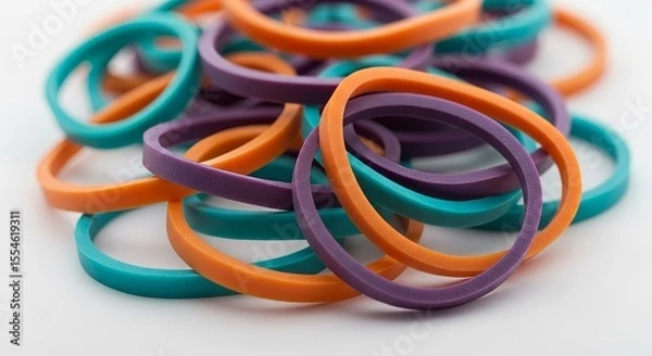 Obraz Colorful Rubber Bands in Teal Purple and Orange Scattered on White Background