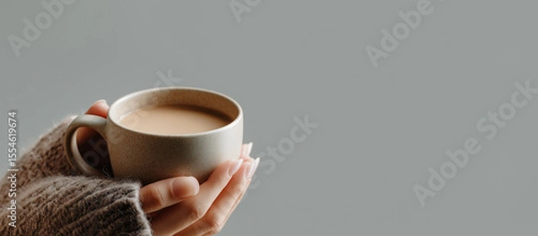 Obraz Woman in a cozy sweater holds a warm ceramic mug of coffee against a plain gray background with copy space banner.