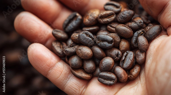 Obraz Close up of a hand holding roasted coffee beans.