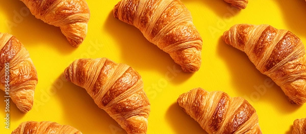 Obraz Golden, flaky croissants on a vibrant yellow background banner.