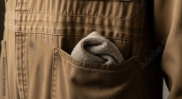 Obraz Crumpled Gray Microfiber Cleaning Cloth in Khaki Pants Back Pocket Close Up