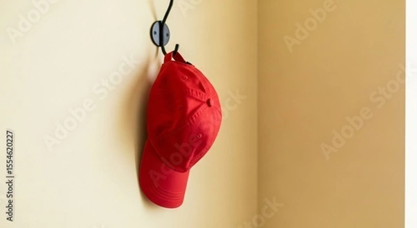Fototapeta A red baseball cap hanging on a black metal hook mounted on a beige wall in an indoor setting area