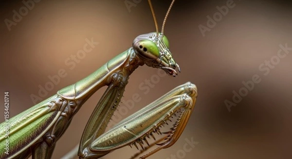 Obraz Detailed Macro Photography of Green Praying Mantis Showing Intricate Body Structure and Vibrant Coloration