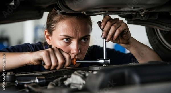 Obraz Female Mechanic Repairing Car Undercarriage with Focused Precision in Auto Workshop