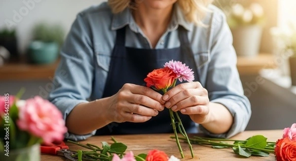 Obraz Florist Creating Beautiful Flower Arrangement with Red Roses and Pink Chrysanthemum