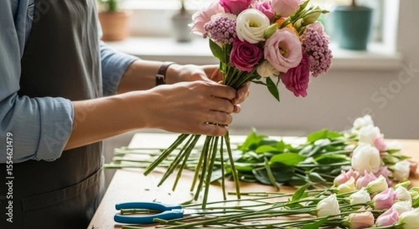 Obraz Florist Creating Pink and White Rose Bouquet with Professional Floral Arrangement Technique