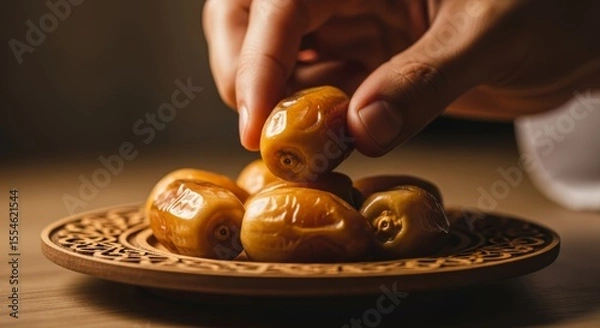 Obraz Fresh Dates Fruit on Decorative Wooden Plate with Hand Picking a Date