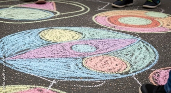 Obraz Colorful Chalk Drawing of Interconnected Circular Shapes on Asphalt Playground