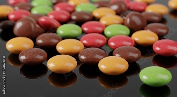 Obraz Colorful Chocolate Candies Scattered on Reflective Black Surface Macro Photography