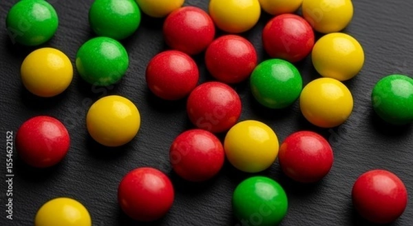 Obraz Colorful Gumballs Scattered on Dark Textured Background Red Green Yellow Spheres