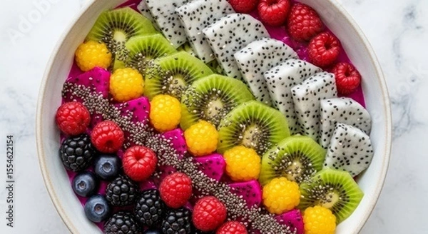 Obraz Colorful Fruit Bowl with Exotic Berries Kiwi Dragon Fruit Raspberries Blueberries
