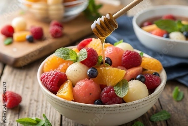 Fototapeta Fresh summer berry fruit salad in a white bowl with strawberries, blueberries, and raspberries, a delicious and healthy breakfast or dessert