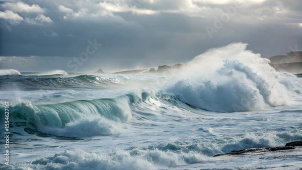 Fototapeta Powerful waves hitting the beach, sending sprays of water into the air as they break on the shore