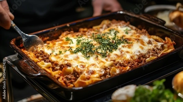 Obraz Serving beef lasagna with baked lasagna pasta minced beef