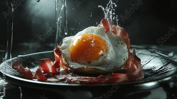 Obraz Serving fried egg with bacon on plate