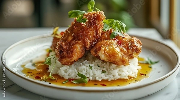 Obraz Serving of buttermilk chicken With steamed rice crispy chicken