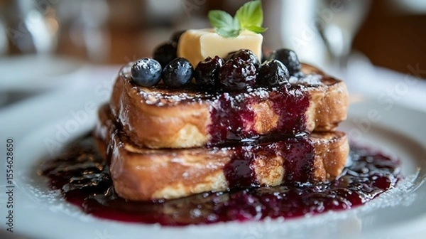 Obraz Serving of french toast topped with melting butter and a blueberry compote