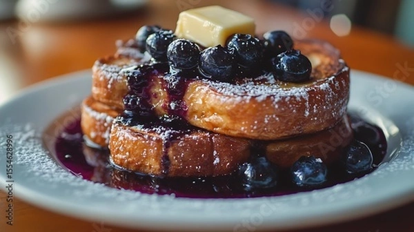 Obraz Serving of french toast topped with melting butter and a blueberry compote