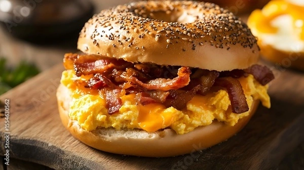 Obraz Sesame bagel with scrambled eggs fried bacon and cheddar cheese