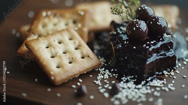 Obraz Sesame crackers cookies and petit four marmalade and chocolate truffle garnish