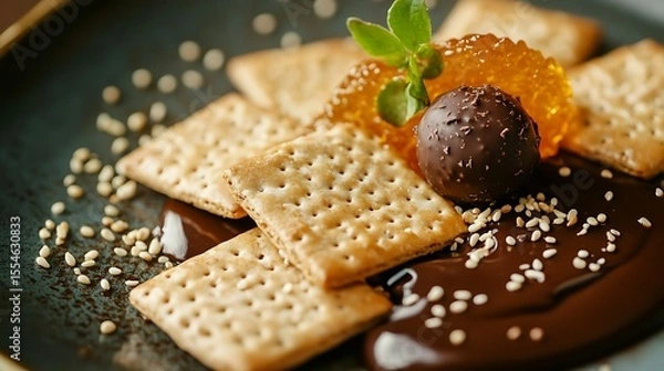 Obraz Sesame crackers cookies and petit four marmalade and chocolate truffle garnish