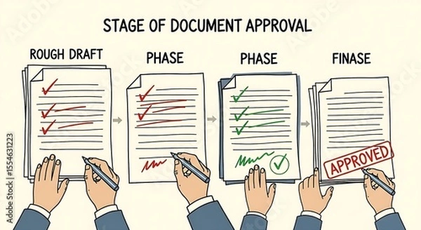 Fototapeta Document approval stages depicted from rough draft to final approval process and sign off, a visual representation.