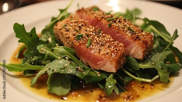 Obraz Sesame seed crusted seared ahi tuna and arugula salad with a garlic ginger and soy dressing