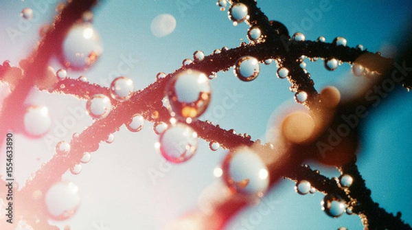 Fototapeta  Macro and Close-Up Shot of Rusted Metal Wire Covered in Dew Drops Reflecting Distorted Miniature Worlds, Featuring Highly Detailed Textures and a Poetic Industrial Mood