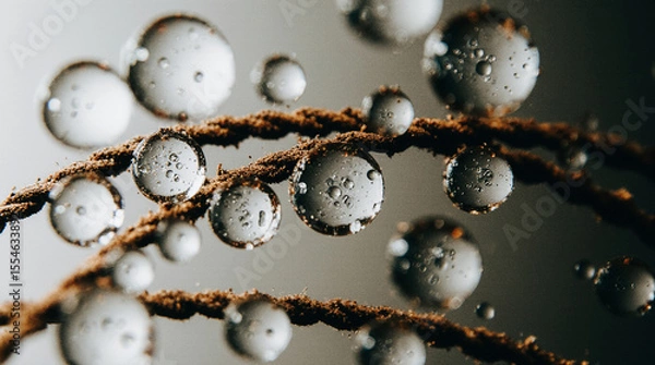 Fototapeta  Macro and Close-Up Shot of Rusted Metal Wire Covered in Dew Drops Reflecting Distorted Miniature Worlds, Featuring Highly Detailed Textures and a Poetic Industrial Mood