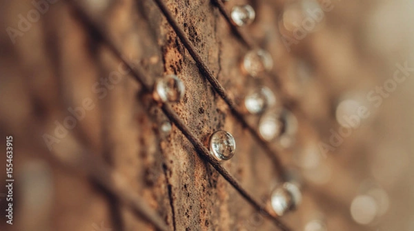 Fototapeta  Macro and Close-Up Shot of Rusted Metal Wire Covered in Dew Drops Reflecting Distorted Miniature Worlds, Featuring Highly Detailed Textures and a Poetic Industrial Mood