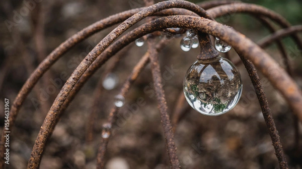 Fototapeta  Macro and Close-Up Shot of Rusted Metal Wire Covered in Dew Drops Reflecting Distorted Miniature Worlds, Featuring Highly Detailed Textures and a Poetic Industrial Mood