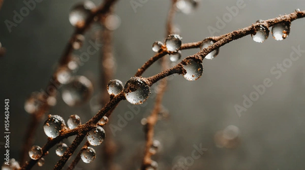 Fototapeta  Macro and Close-Up Shot of Rusted Metal Wire Covered in Dew Drops Reflecting Distorted Miniature Worlds, Featuring Highly Detailed Textures and a Poetic Industrial Mood