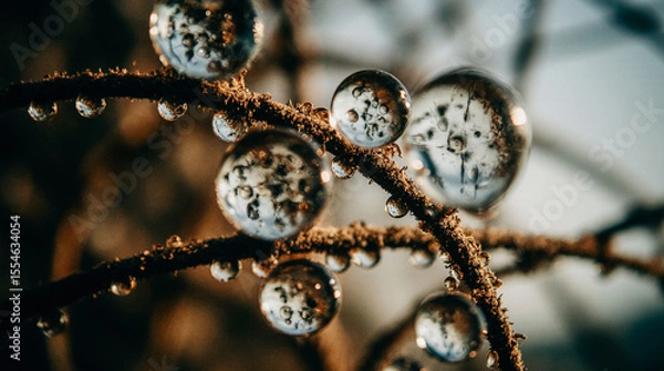 Fototapeta  Macro and Close-Up Shot of Rusted Metal Wire Covered in Dew Drops Reflecting Distorted Miniature Worlds, Featuring Highly Detailed Textures and a Poetic Industrial Mood