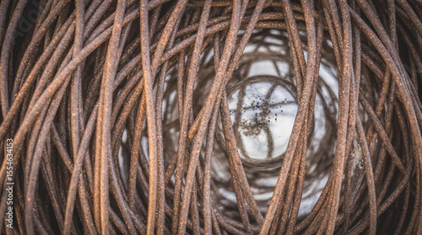 Fototapeta  Macro and Close-Up Shot of Rusted Metal Wire Covered in Dew Drops Reflecting Distorted Miniature Worlds, Featuring Highly Detailed Textures and a Poetic Industrial Mood