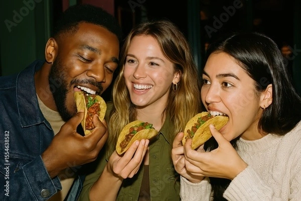 Obraz Friends enjoying delicious tacos.