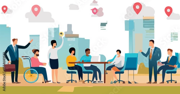 Obraz Vector scene showcasing diverse and inclusive business team collaborating together. Features different genders, ethnicities & accessibility symbols. Perfect for equality and corporate culture themes.