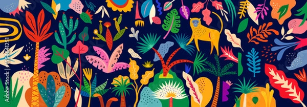 Obraz Vector colorful illustration with tropical flowers, leaves, monkey. Brazil tropical pattern.	