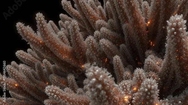 Fototapeta  Close-Up Macro View of a Fractal Coral-Like Pattern Growing Digitally, Featuring Organic Shapes Merging with Code, Glowing Lines, and an Ultra-Detailed Digital-Natural Fusion