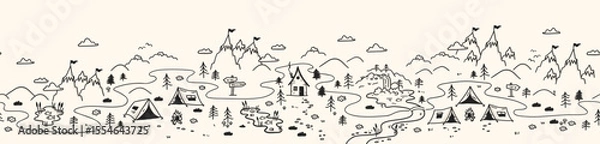 Obraz Cute hand drawn vector seamless pattern with camping doodles, tents, landscape and trails, great for textiles, banners, wallpapers