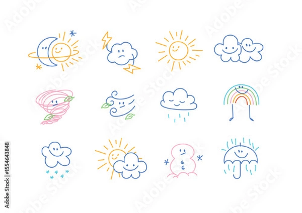 Obraz Weather cute icons drawing in cartoon kid style on white background