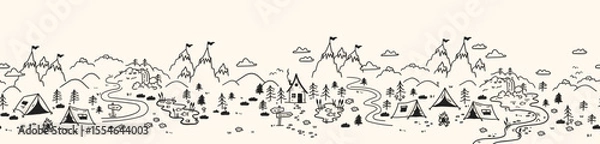 Obraz Cute hand drawn vector seamless pattern with camping doodles, tents, landscape and trails, great for textiles, banners, wallpapers