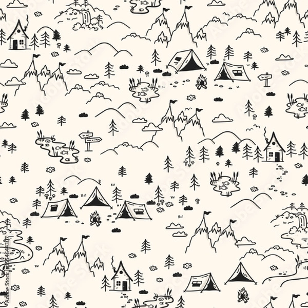 Obraz Cute hand drawn vector seamless pattern with camping doodles, tents, landscape and trails, great for textiles, banners, wallpapers