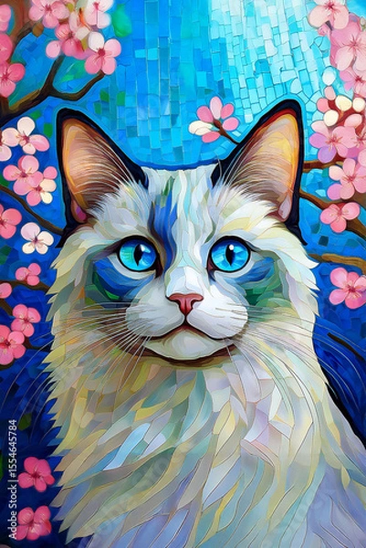 Fototapeta Colourful mosaic painting style image of portrait of Ragdoll cat against backdrop of cherry blossom flowers
