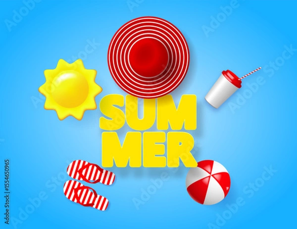 Fototapeta Summer vacation poster with 3d objects
