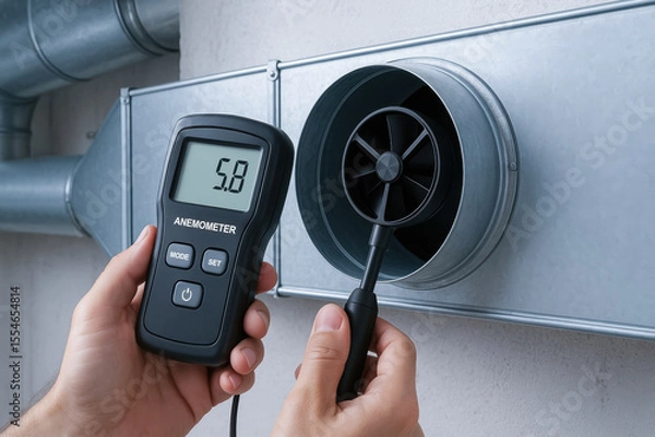 Fototapeta Air duct engineering industry technician measuring airflow speed with anemometer device in ventilation system for precise control and safety