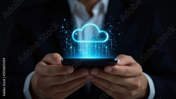 Fototapeta Cloud Computing Concept with Smartphone and Data Streaming