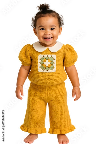 Fototapeta Adorable Toddler Standing in Colorful Summer Outfit: Cute Young Girl in Matching Crochet Set and Shoes Posing Against White Background