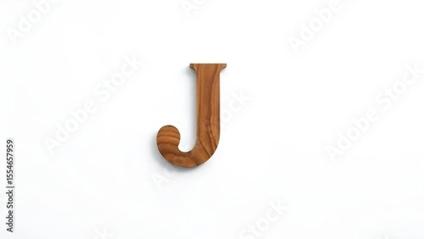 Fototapeta A single wooden letter j with a curved tail sits on a clean white background with subtle shadows