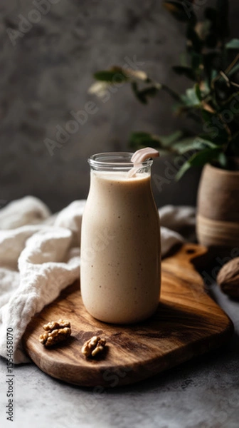 Fototapeta A creamy breakfast smoothie sits in a glass jar on a wooden cutting board. The background features warm kitchen decor and natural light pouring in